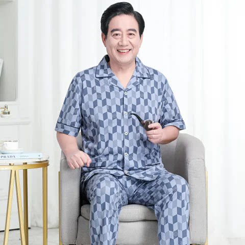 夏季爸爸纯棉短袖长裤睡衣男中老年薄款家居服爷爷开衫加肥加大码