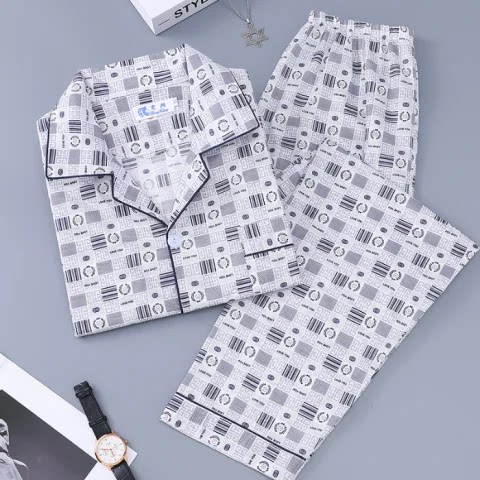 爸爸装夏天睡衣男开衫开尿口爷爷短袖长裤空调服中老年休闲运动装