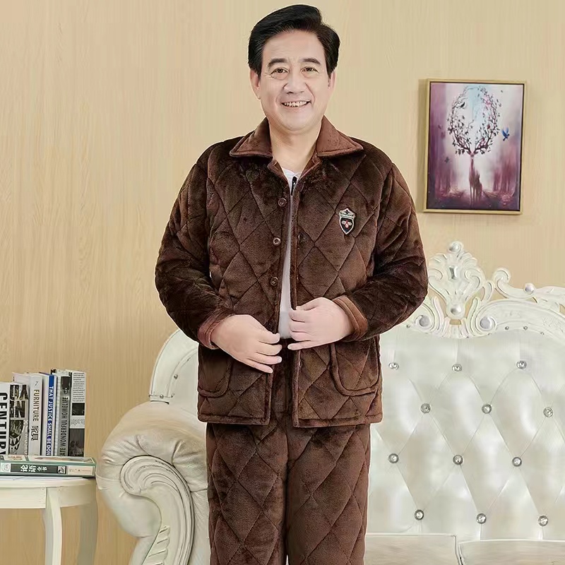爷爷珊瑚绒夹棉睡衣睡裤男冬大码