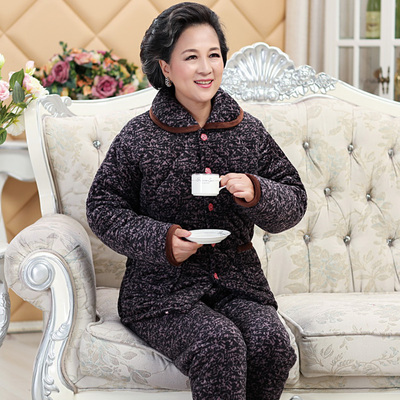 中老年三层夹棉冬装睡衣女特大码200斤妈妈法兰绒棉袄婆婆家居服