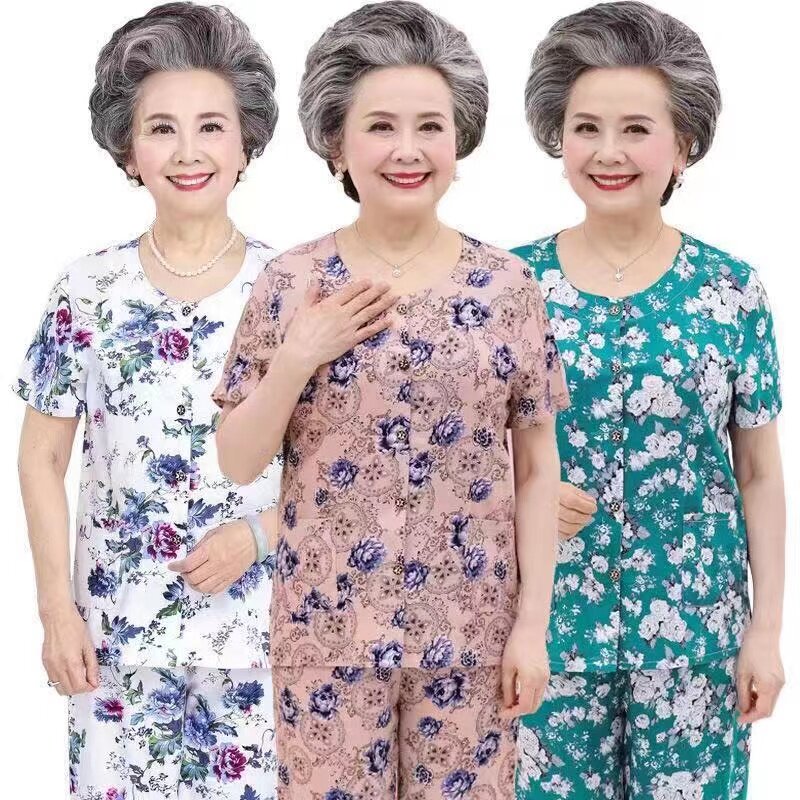 妈妈夏装短袖短裤婆婆开衫系扣睡衣女纯棉绸中老年宽松大码家居服