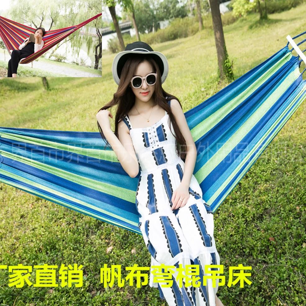 帆布吊床防侧翻吊床户外休闲野营帆布吊床弯棍单双人吊床现货