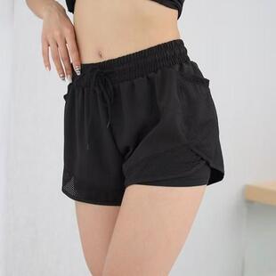 欧码加大防走光运动健身五分裤女宽松网纱拼接假两件速干裤瑜伽裤