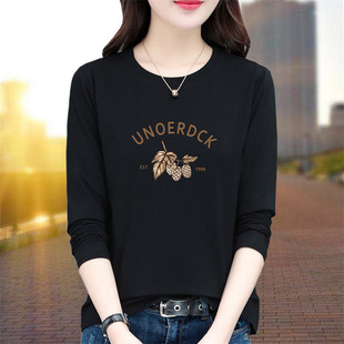 纯棉长袖t恤女春秋2025新款宽松加绒圆领中年妈妈秋装打底衫上衣