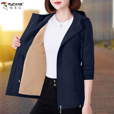 啄木鸟中长款加绒风衣外套女2025新款秋冬款时尚休闲保暖夹克上衣