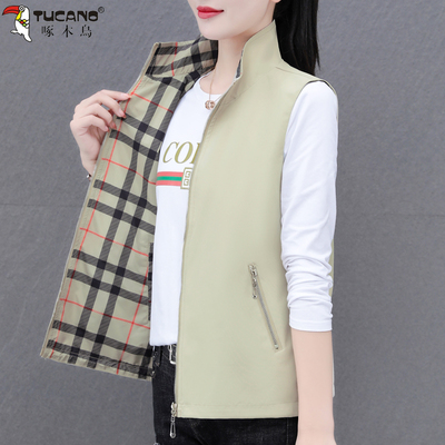 啄木鸟双面穿马甲女2025新款春秋季休闲中年外穿坎肩背心马夹外套