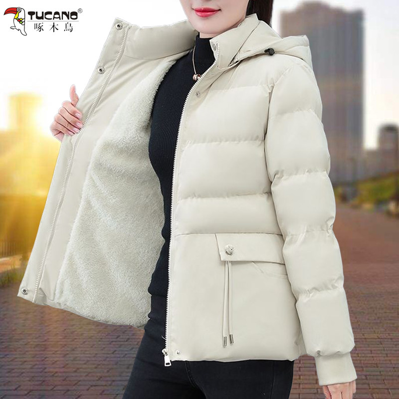 啄木鸟加绒棉衣棉服女2025新款冬装时尚休闲宽松加厚保暖棉袄外套