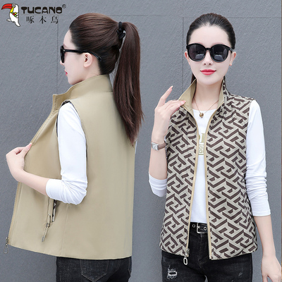 啄木鸟双面穿马甲女2025新款中年妈妈春秋季短款坎肩背心马夹外穿