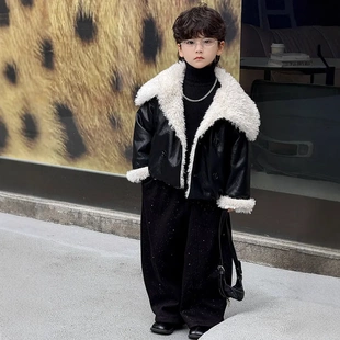 男童宝宝外套翻领2025秋冬新款 加绒儿童皮衣羊羔毛潮范