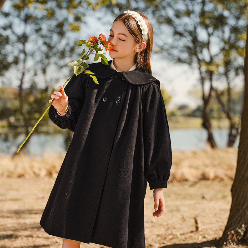 小叮尤尤女童优雅风衣外套中长款2025春秋新款娃娃领洋气上衣春装