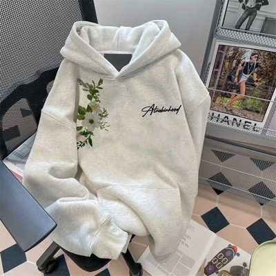 男生新款卫衣男款美式印花连帽春秋字母冬重磅加绒加厚白灰色黑色