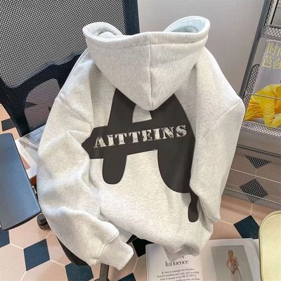 男生新款卫衣男款美式印花连帽春秋字母冬重磅加绒加厚白灰色黑色