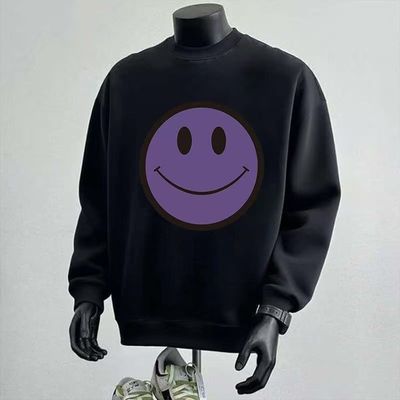 印花圆领卫衣男春秋男款无帽冬重磅小领口男潮白色黑色青少年