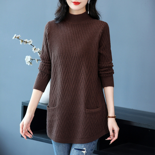 中长款打底衫毛衣裙女士新款秋冬加厚大码半高领羊毛衫针织连衣裙