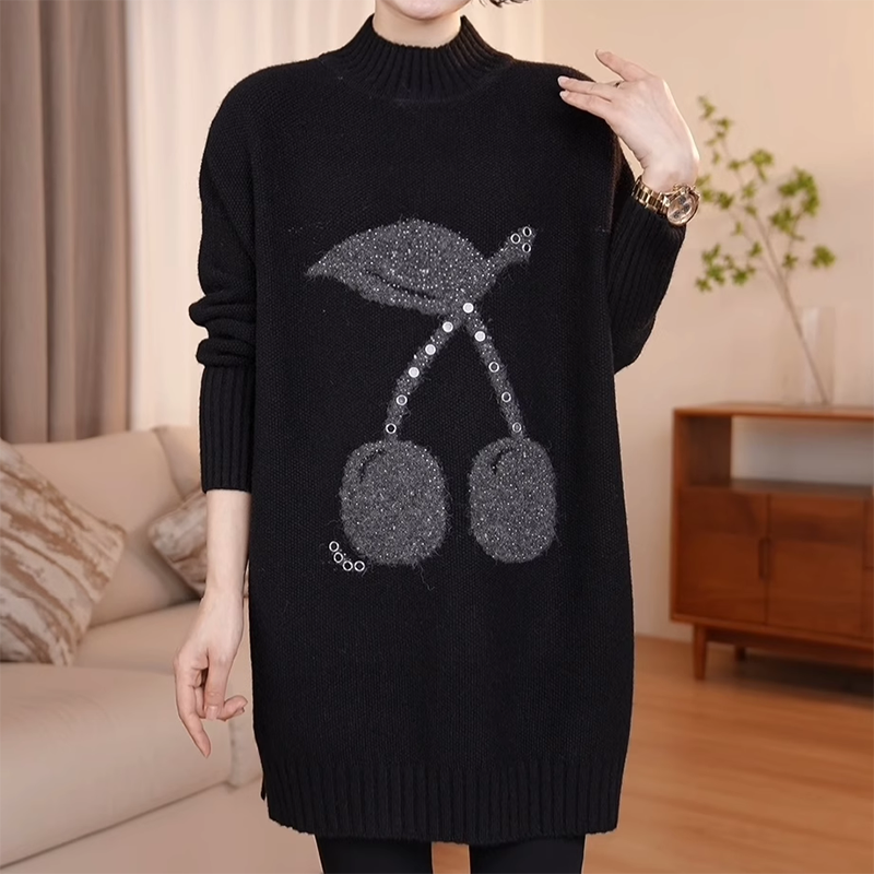 厚款秋冬女士中长款羊毛针织衫加肥大码打底衫遮肚显瘦毛衣裙上衣