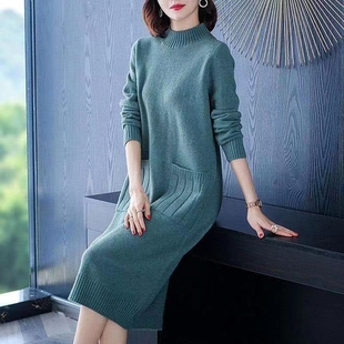秋冬新品半高领连衣裙羊毛衫中长款毛衣过膝针织女装宽松厚毛衣裙