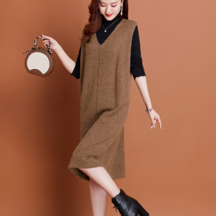 春秋冬新款羊毛针织连衣裙女士加肥大码毛衣裙长款过膝马甲背心裙