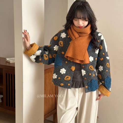 小香风提花羽绒内胆羊毛呢短外套