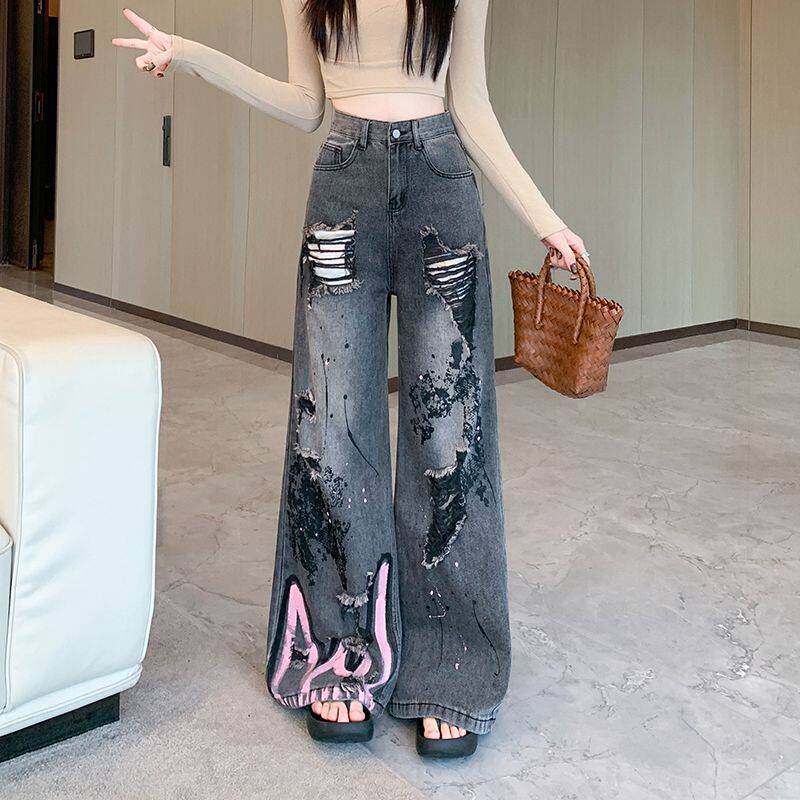 美式复古泼墨涂鸦破洞牛仔裤女