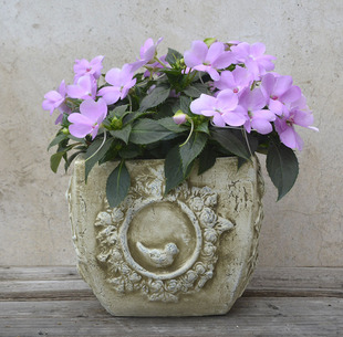 复古手工粗陶红陶盆 庭院杂货花园透气浮雕做旧复古绿色方鸟花盆