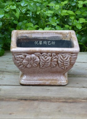 花盆 陶盆 浅紫色方款高脚杯花器 做旧 复古 欧式风格花盆 矮盆