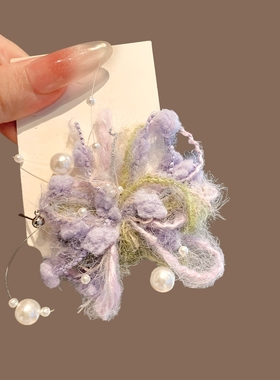 超仙紫色毛茸珍珠发夹女前额刘海碎发边夹鸭嘴发夹头饰2025年