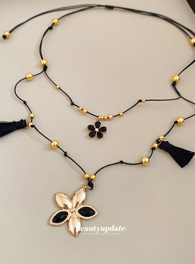 镶钻花朵吊坠双层项链时尚暗黑风百搭气质锁骨链轻奢高级感项饰