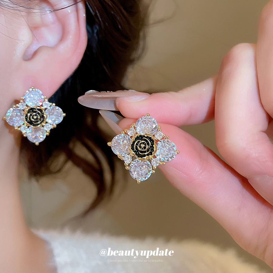 14K真金电镀银针锆石花朵菱形耳钉精致百搭耳环轻奢高级感耳饰女