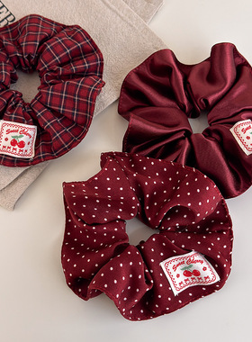 复古红色波点格纹布艺布标大肠发圈女小众高级感丸子头头饰发饰潮