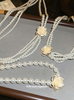 法式长款满钻山茶花朵珍珠项链女轻奢高级感叠戴多层颈链时尚颈饰