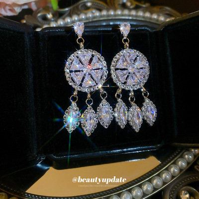 银针锆石圆形流苏耳环轻奢高级感复古民族风耳钉个性冷淡风耳饰女