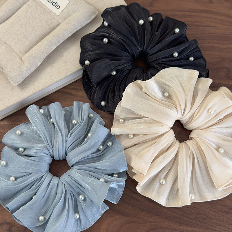 2025春季新款高级感流光丝滑锻面褶皱珍珠大肠发圈高端大号发绳女