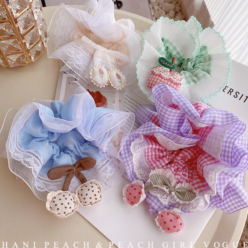 HD5422A015蕾丝花边樱桃格纹大肠发圈夏日小众创意弹力扎发发饰女