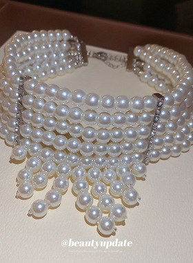 欧美跨境多层串珠珍珠项链复古优雅小众气质锁骨链轻奢高级感颈链