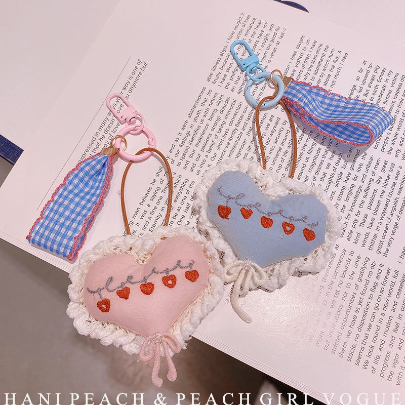 HD8477A04蕾丝花边韩系ins风文艺粉蓝爱心钥匙扣挂件包挂饰手机链