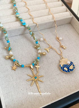 欧美贝壳串珠星星项链个性时尚海边度假风锁骨链设计感小众毛衣链