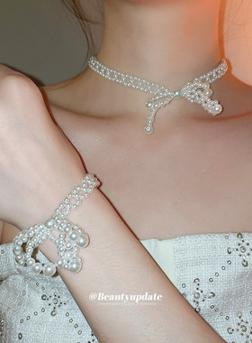 短款蝴蝶结设计感时尚项链淡水珍珠高级感挂链优雅韩国版锁骨链女