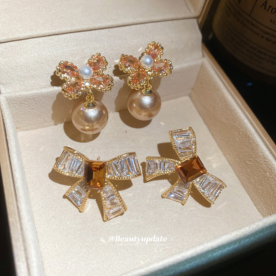 18K真金电镀银针锆石蝴蝶结珍珠耳钉轻奢高级感耳环日常通勤耳饰