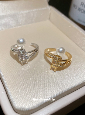 日韩风简约锆石几何开口珍珠戒指小众高级感食指戒时尚精致指环女