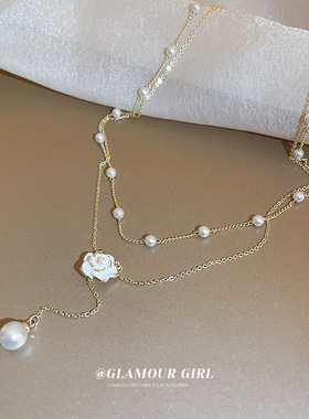 甜美珍珠山茶花朵双层项链