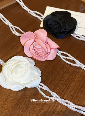 法式复古缎面花朵多层珍珠项链甜美小香风锁骨链轻奢高级感颈链女