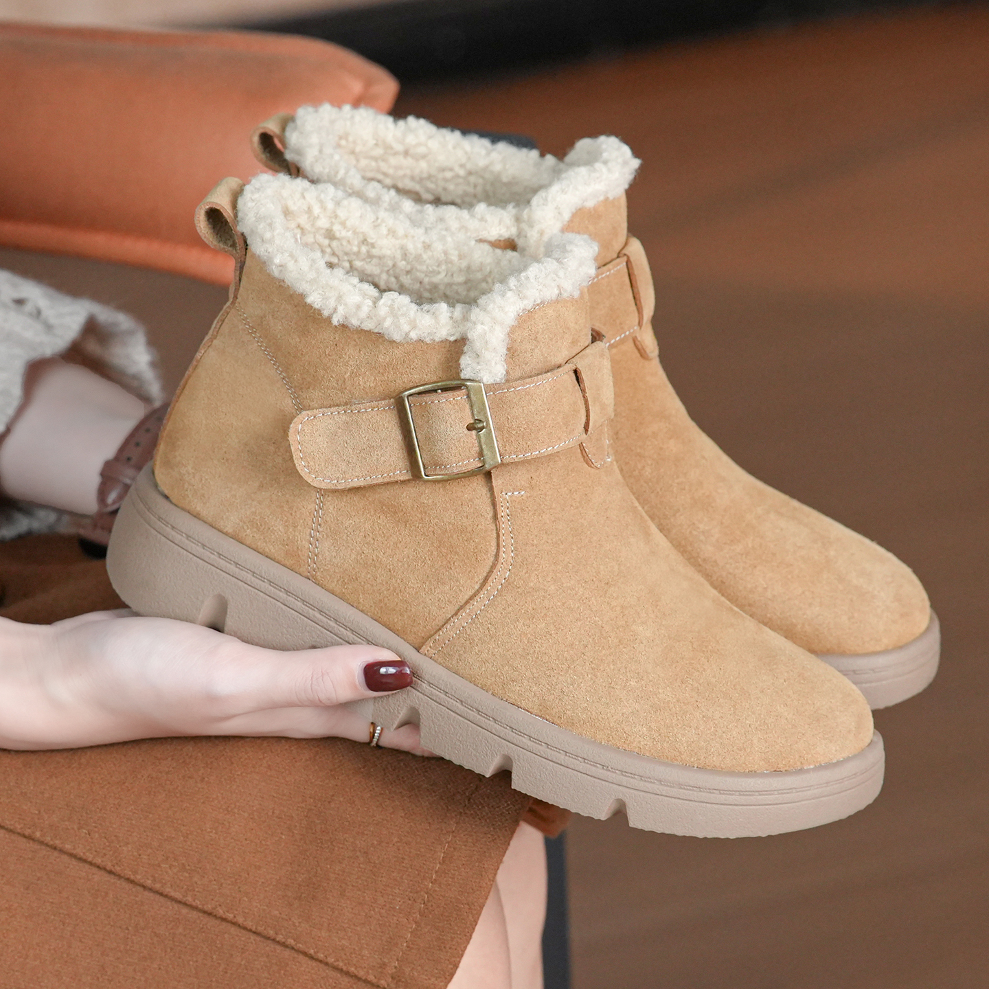 磨砂皮厚底雪地靴加绒加厚冬季棉鞋防滑保暖勃肯短靴大码短筒靴子