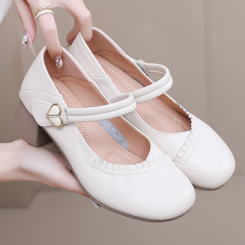 真皮中跟单鞋春夏浅口玛丽珍女鞋软底防滑舒适妈妈鞋小码粗跟皮鞋