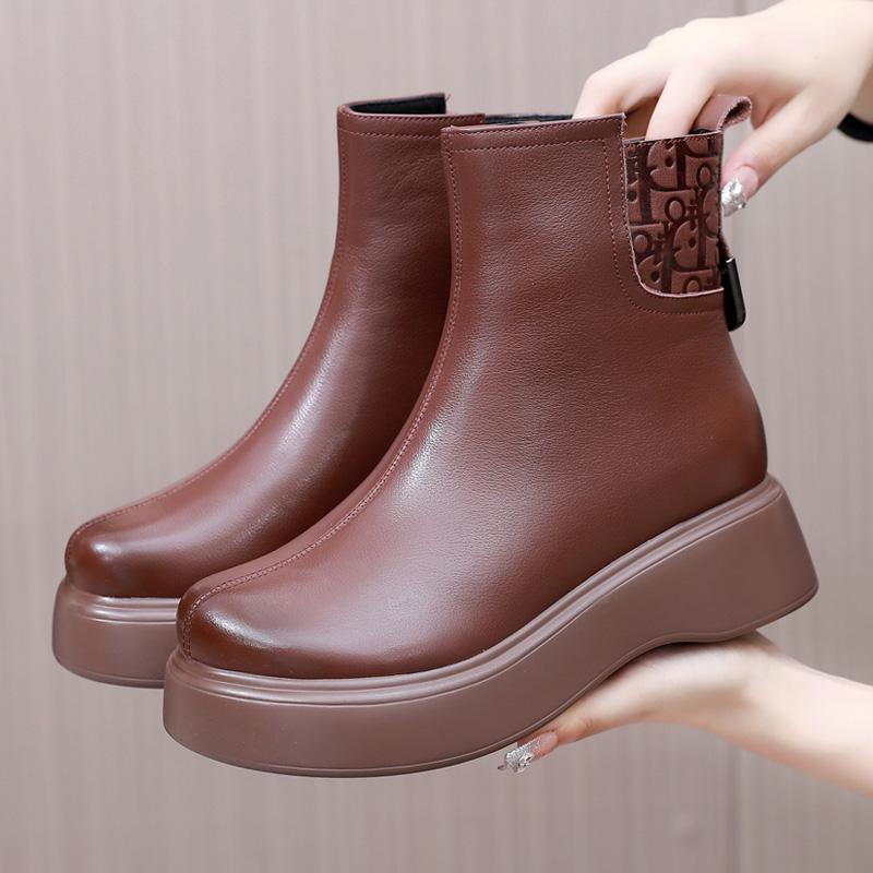 全牛皮厚底短靴真皮单靴软底大码女鞋秋冬季坡跟加绒中年妈妈棉鞋