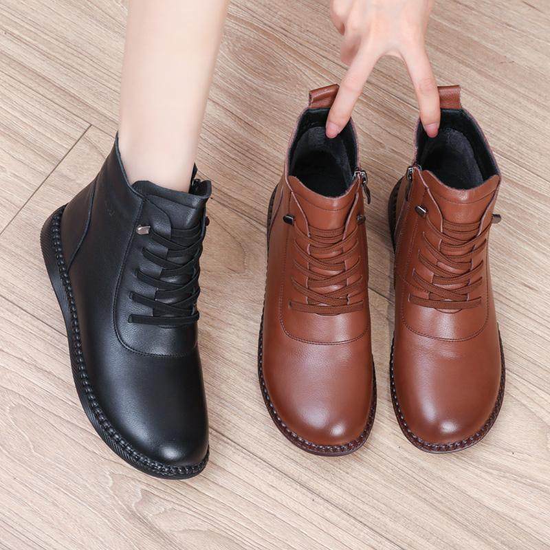 真皮短靴软底妈妈鞋防滑马丁靴中老年平底女靴子圆头冬季加绒棉鞋