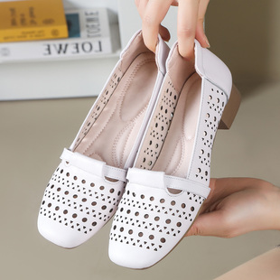 真皮镂空洞洞鞋女春夏浅口透气单鞋一脚蹬小皮鞋舒适不累脚妈妈鞋