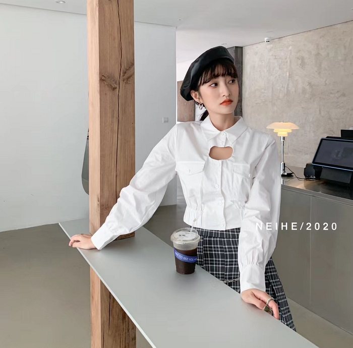 NEIHE内赫2020秋季新款收腰显瘦法式短款衬衣女性感百搭衬衫上衣