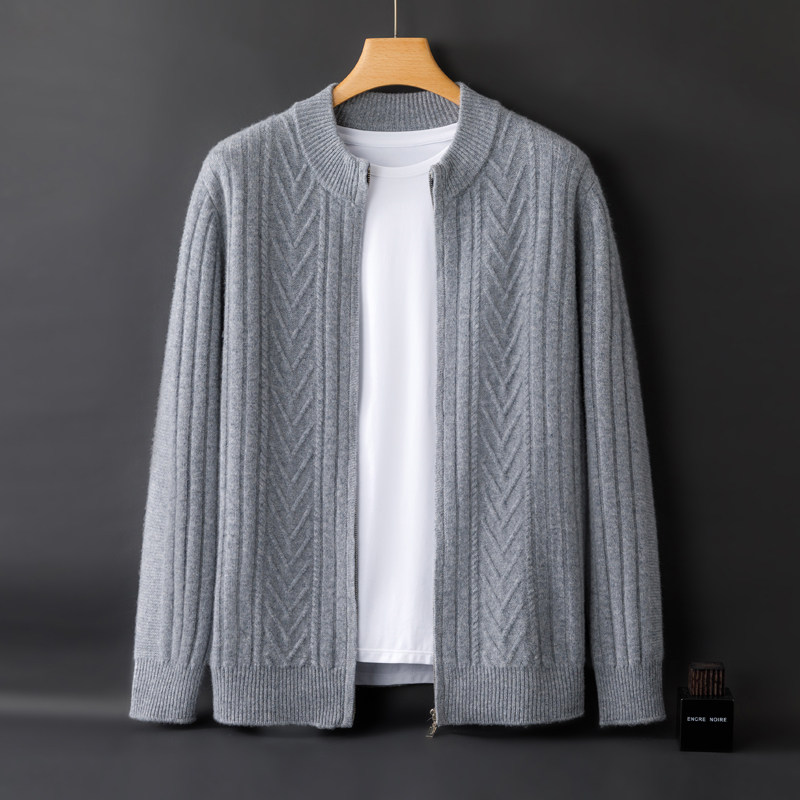 100% 모직 스웨터 남성용 세미 하이 라운드 넥 지퍼 두꺼운 카디건 솔리드 컬러 루즈 캐주얼 비즈니스 스웨터 자켓