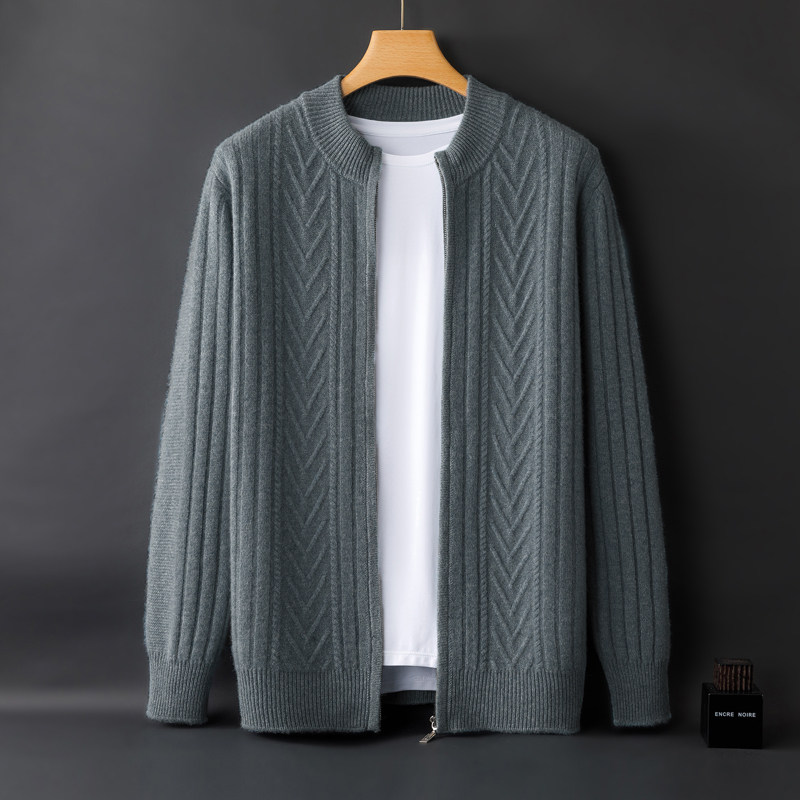 100% 모직 스웨터 남성용 세미 하이 라운드 넥 지퍼 두꺼운 카디건 솔리드 컬러 루즈 캐주얼 비즈니스 스웨터 자켓