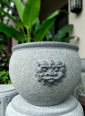 惠安工艺天然青石仿古双兽头缸储水缸收纳零食缸茶桌雕刻居家摆件